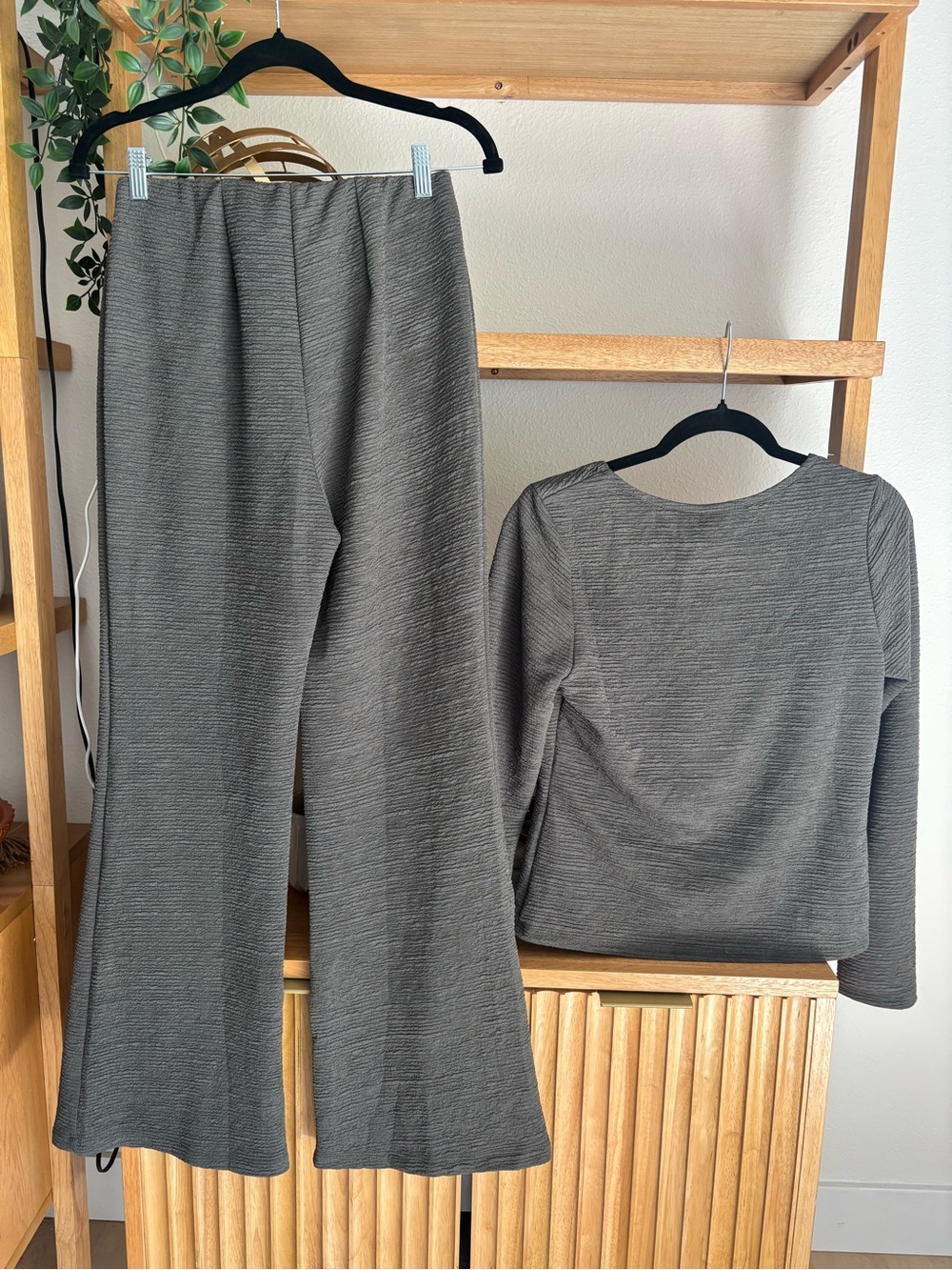 Gilli Olive Textured Knit Two-Piece Set - Scoop Neck Button Top & Flare Pants - Picture 4 of 17